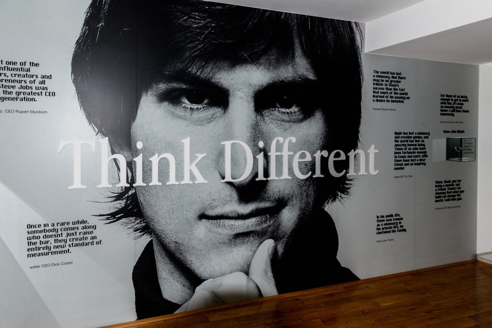 Picture of a young Steve Jobs with the words 'think different' in front