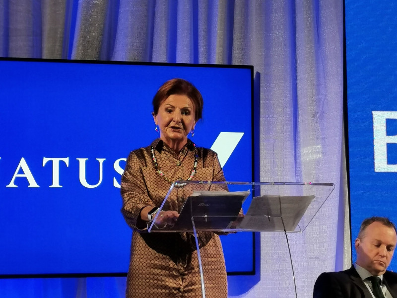 Woman in brown silk dress speaking at a podium.