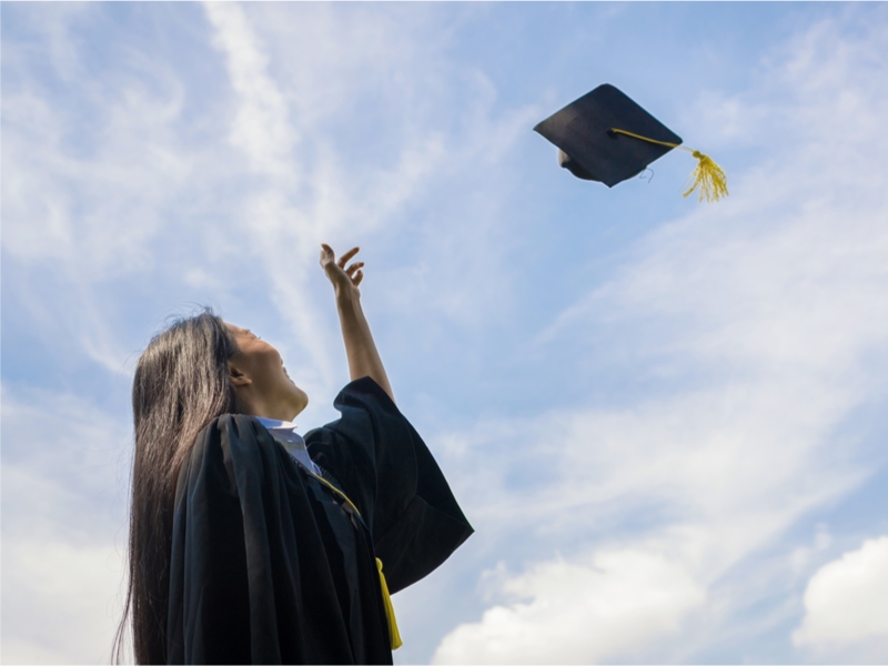 Woman graduating throws hat in the air.