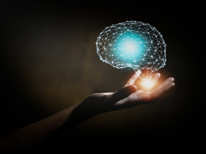computerised image of brain hovering over an open palm.