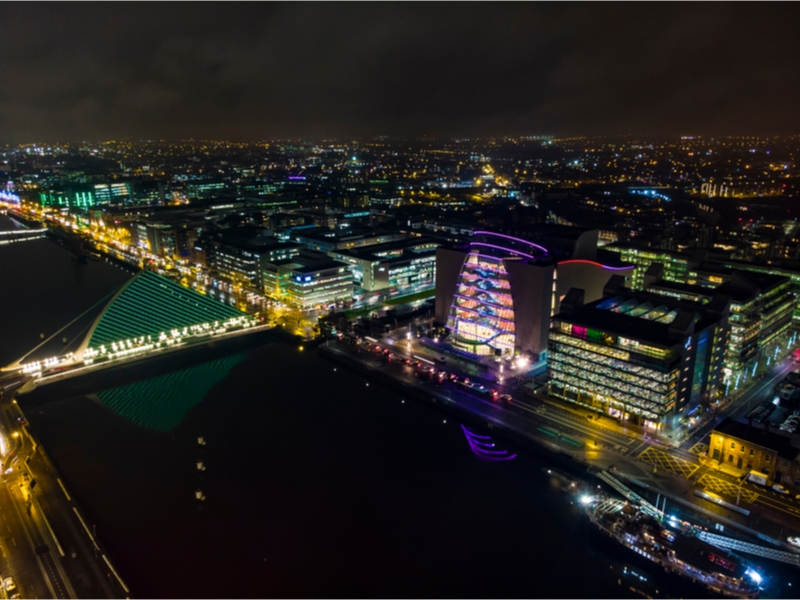 Night time view of Dublin's IFSC district.