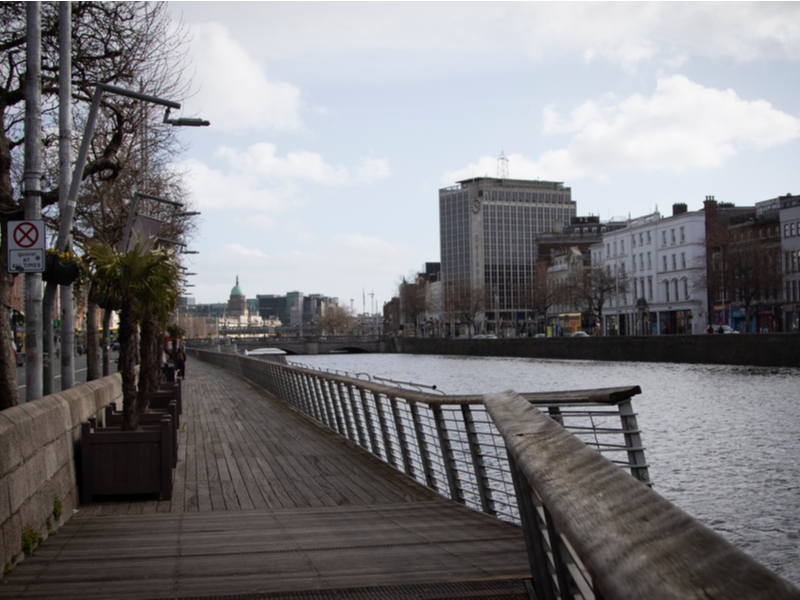 Normally bustling walkway beside Liffey in Dublin empty during lockdown.