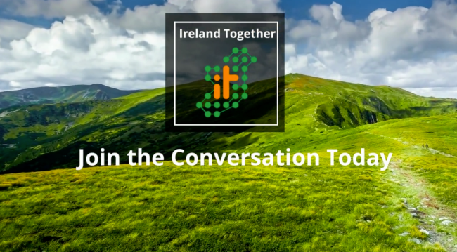 Ireland together logo in front of rolling hills.