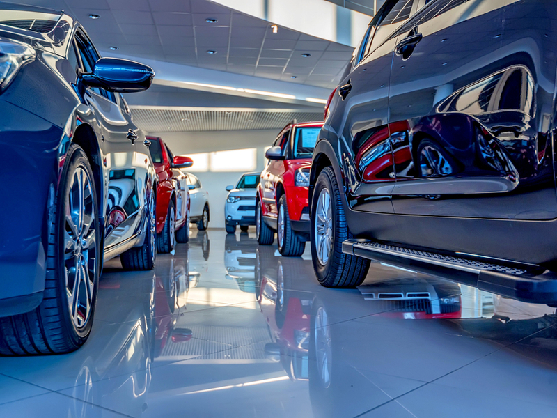 new cars in a car showroom.