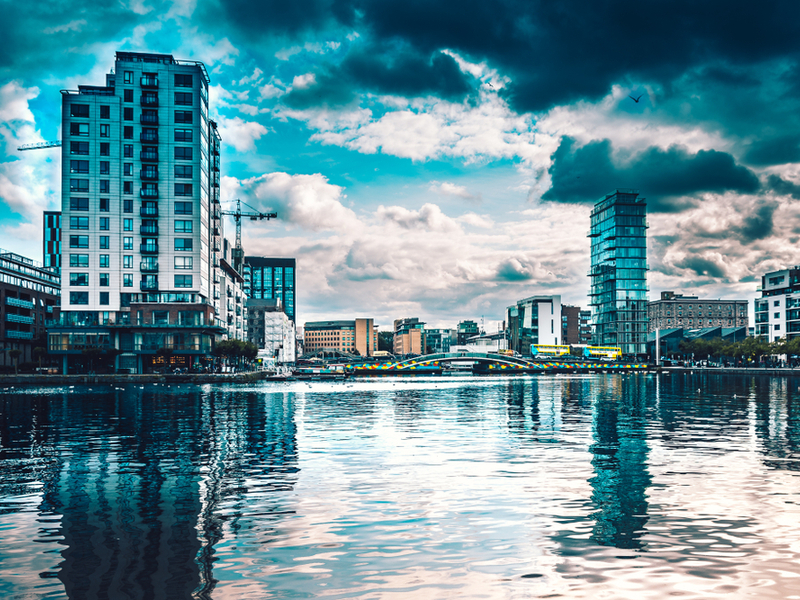 Dublin's Silicon Docks under a cloudy sky.