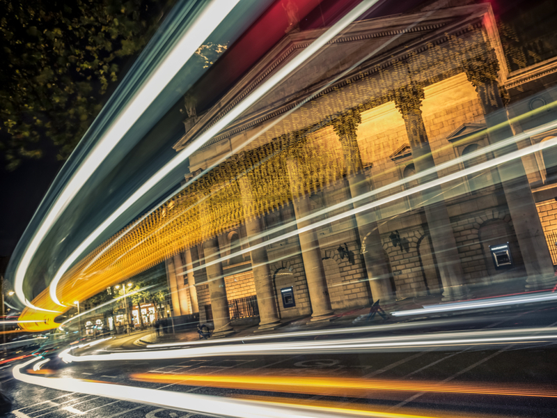 digital lights fly around House of Lords in Dublin.