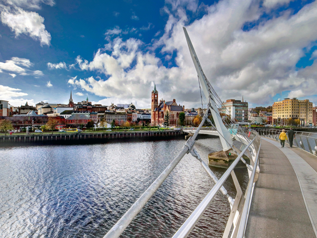 view from bridge leading into city of Derry.