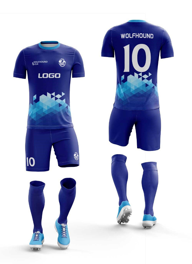 navy and blue football kit made from recycled materials.
