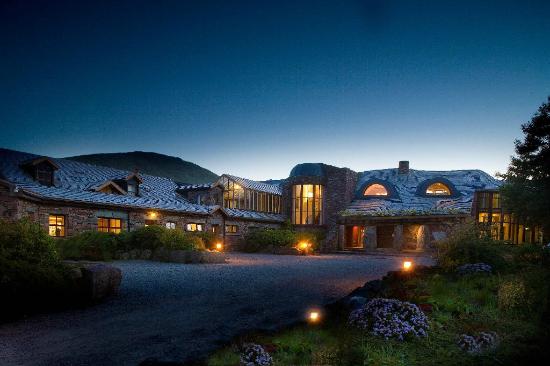 Beautiful holiday resort buildings at night.