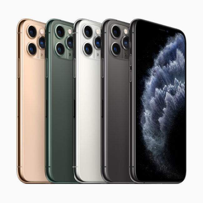 Apple iPhone 11 Pro smartphones in various colours.