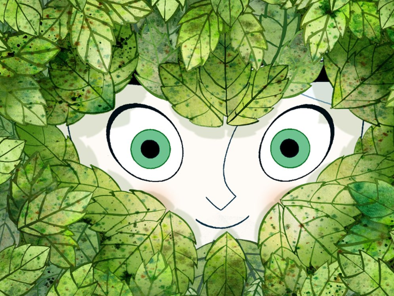 Irish animation from Cartoon Saloon showing a character with green eyes looking through foliage.