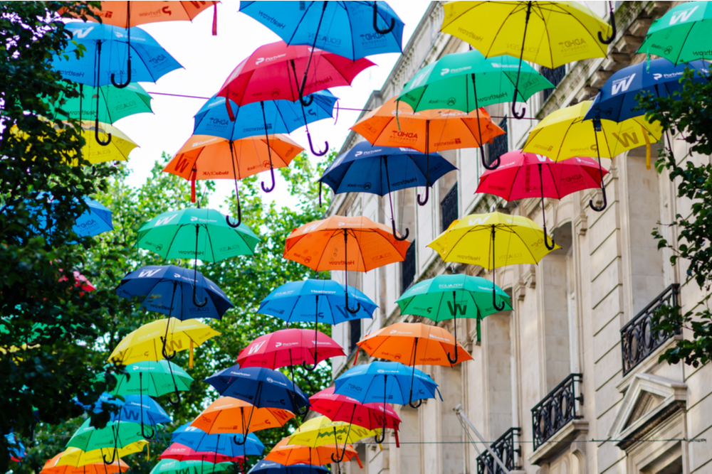 Umbrella Project of multicoloured umbrellas to celebrate neurodiversity.