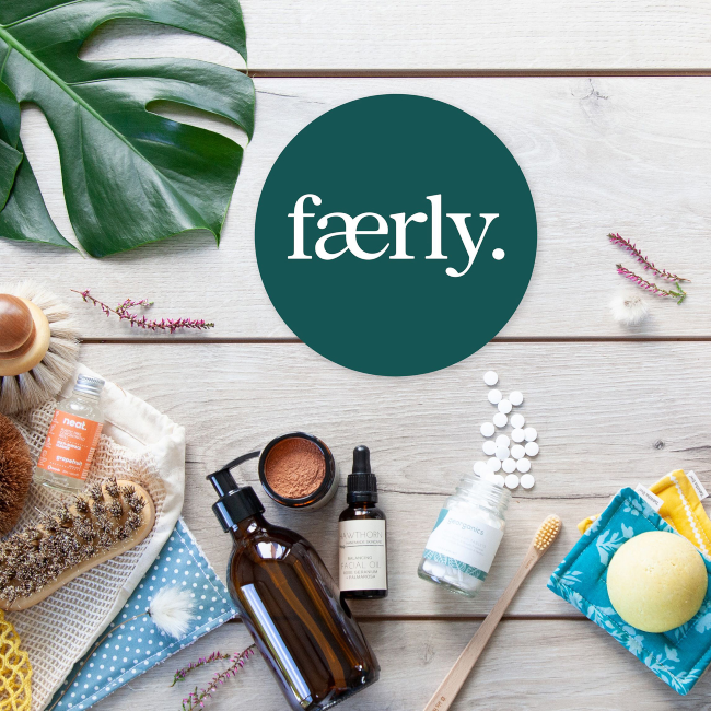 Faerly logo with products.