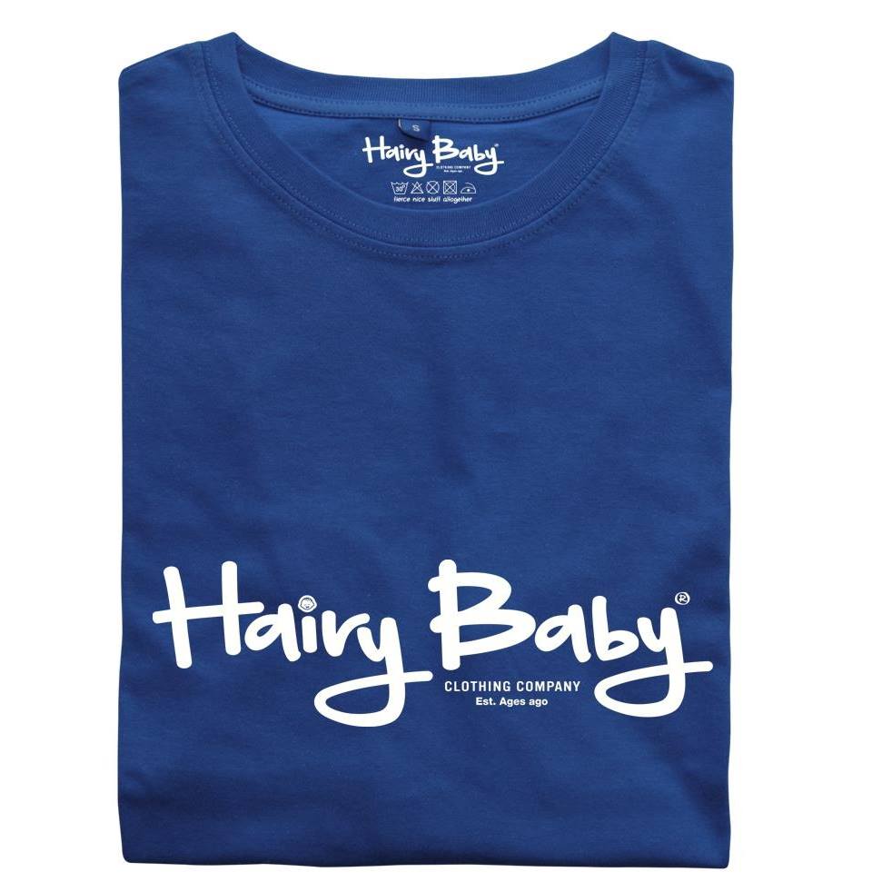 Blue t-shirt with Hairy Baby logo.