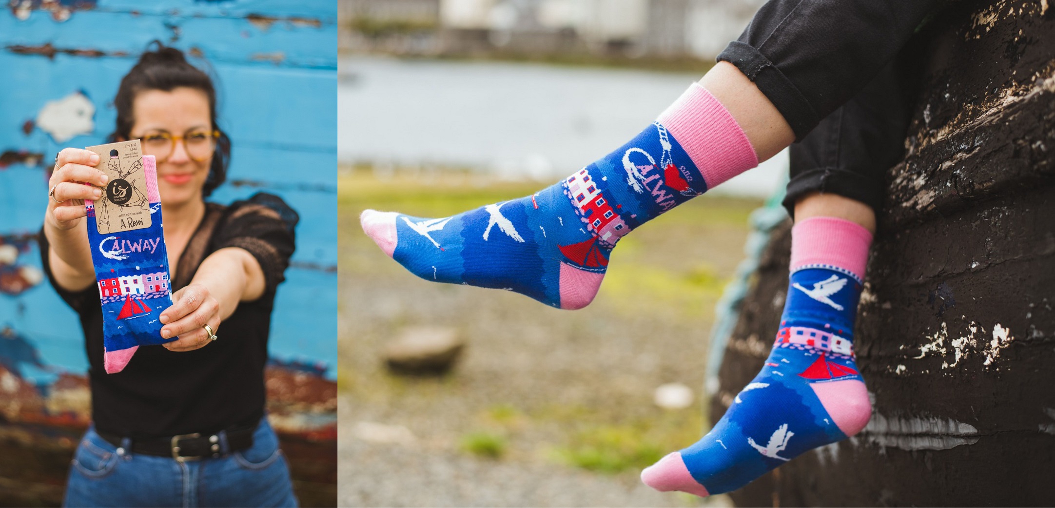 Woman showing off colourful socks.