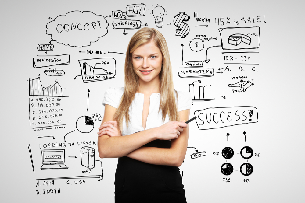 Woman standing in front of a white board.