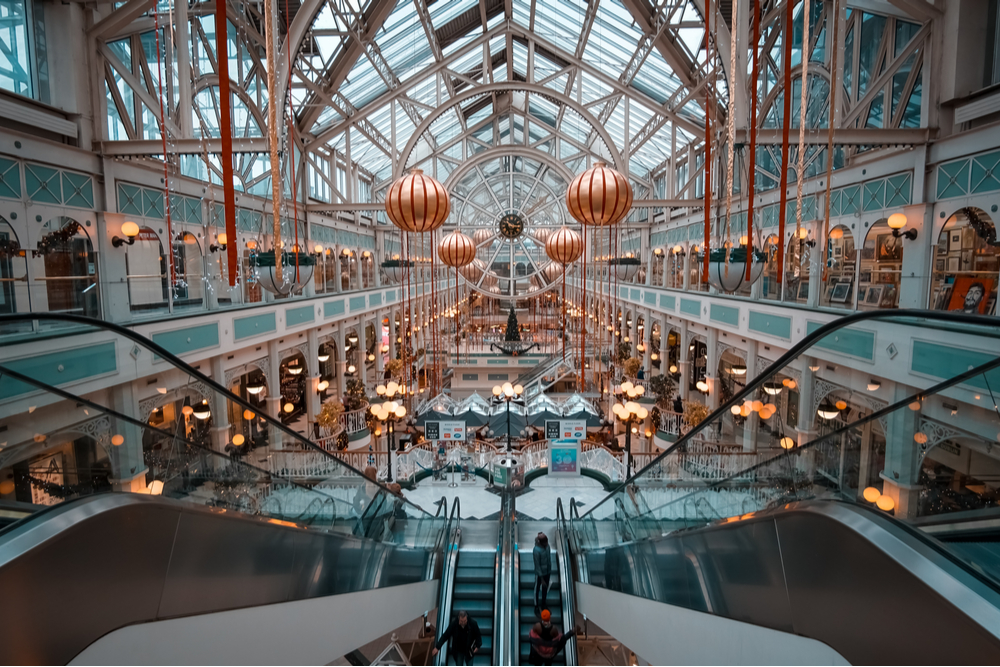 Inside view of St Stephen's Green shopping centre Dublin at Christmas.