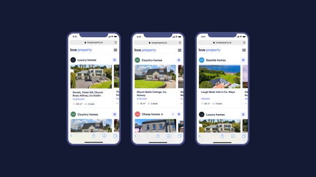 Mobile screenshots of LoveProperty.ie.