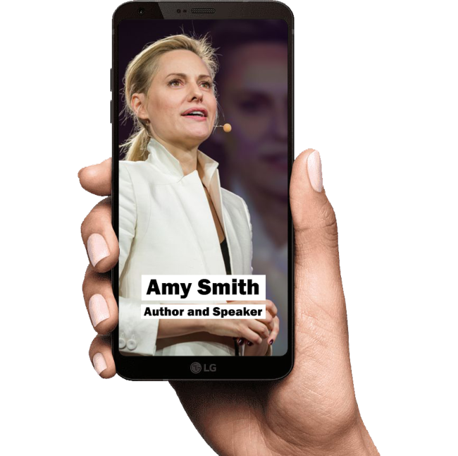 Woman called Amy Smith giving a video talk on a smartphone.