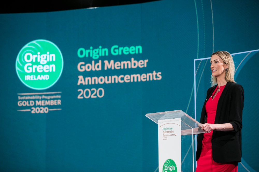 Woman in red dress speaking at an awards ceremony.