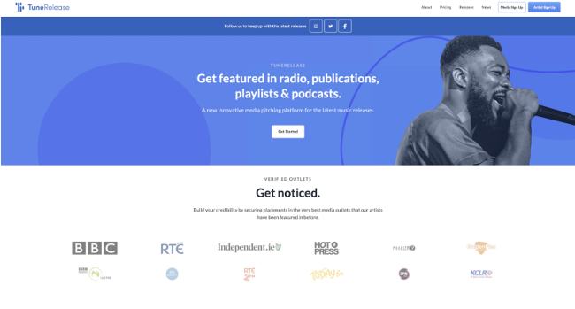 Landing page for TuneRelease.