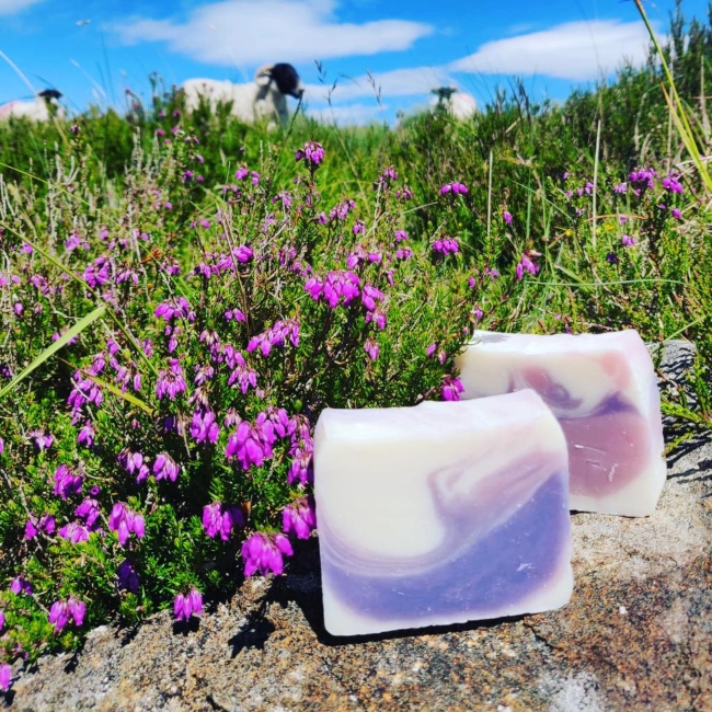 Donegal bog cotton soap in a field.