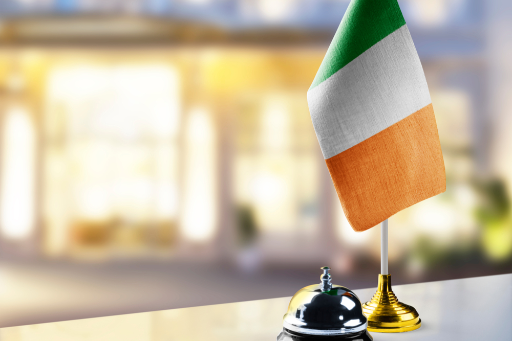 Irish flag on hotel reception desk.