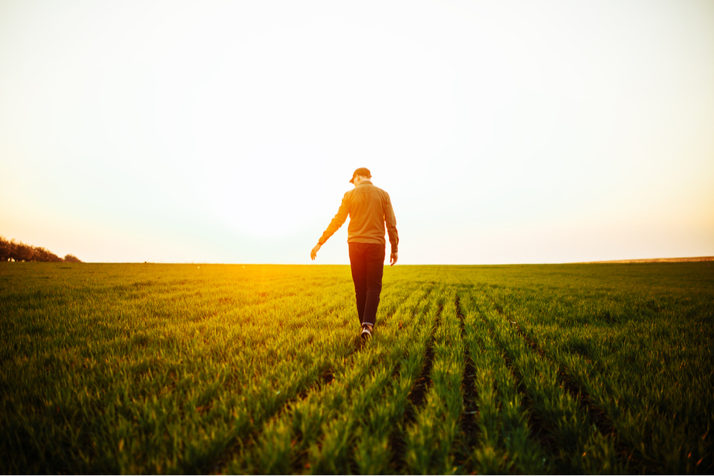 Young farmer walking through his fields.