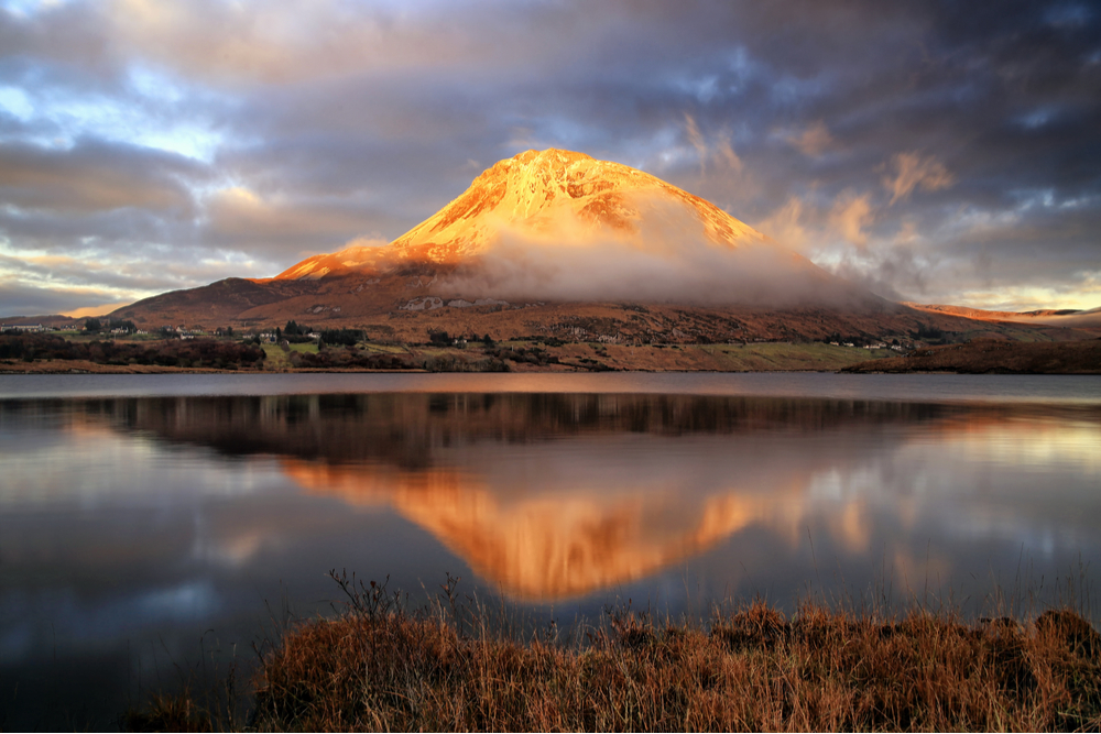 Orange glow on the peak of mount errigal at sunset, Co. Donegal, Ireland.