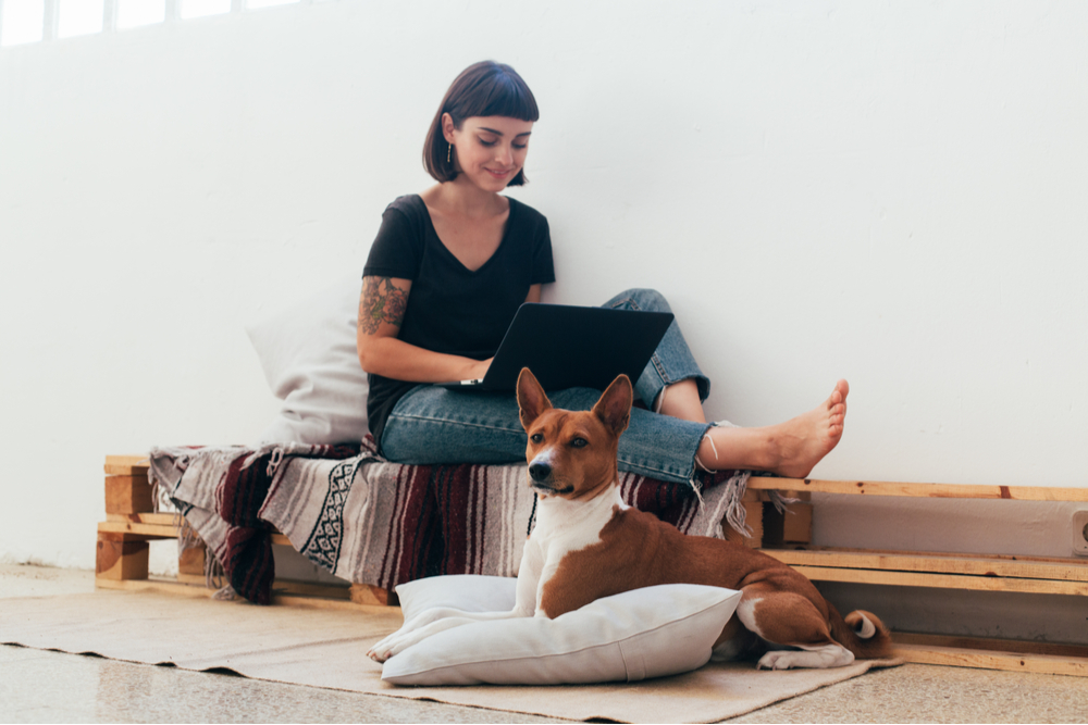 Creative executive working on a laptop beside her dog.