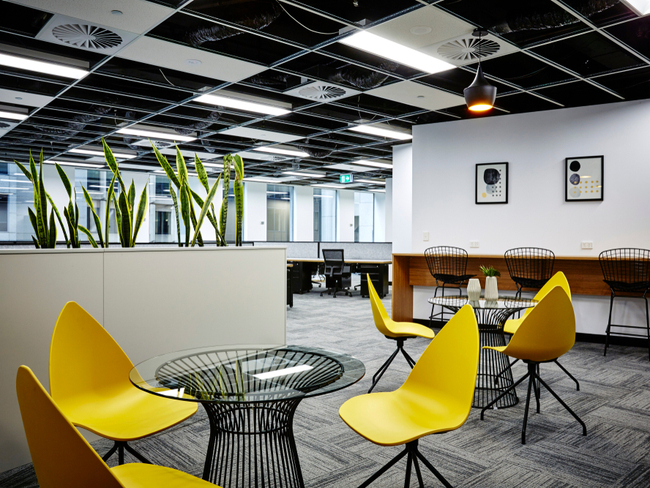 Modern office with yellow chairs.