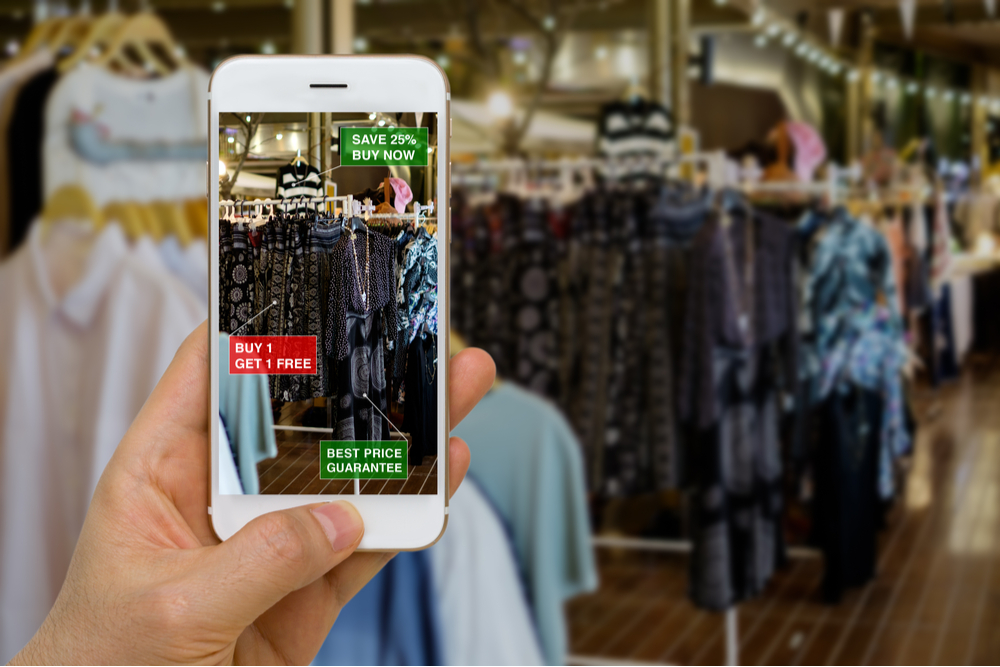 Consumer shopping with phone using augmented reality.