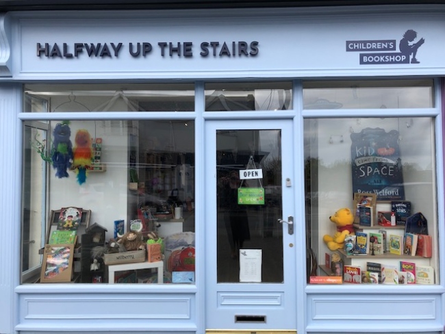 Front of a book shop in Wicklow, painted light blue.