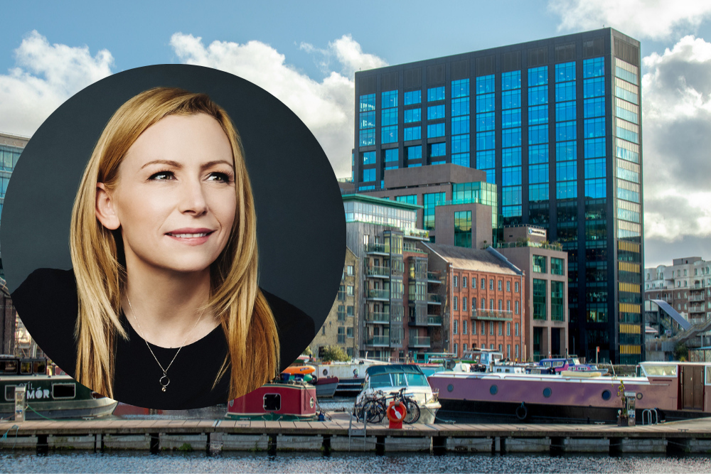 Fair-haired woman inset beside a photo of Google's European headquarters in Dublin.