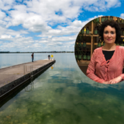 Woman inset on image of lake at Loughrea, Galway.