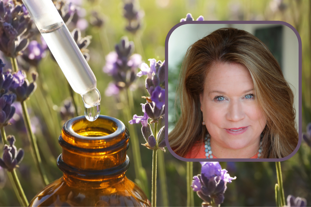 Woman inset on image of dropper with lavender essential oil over bottle in blooming field.
