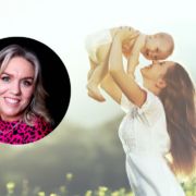 Woman inset beside mother holding baby in the air.