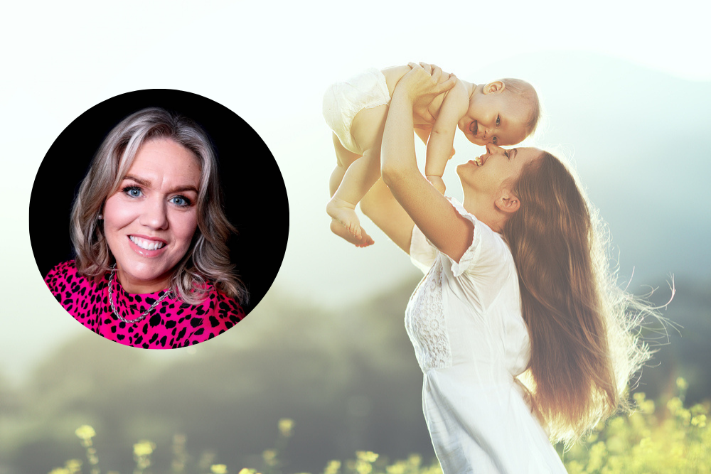 Woman inset beside mother holding baby in the air.