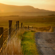 Scenic Irish countryside road leading towards magnificent mountains, County Galway, Ireland.