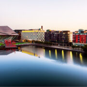 Aerial view of Grand Canal docks in Dublin, Ireland at sunrise.