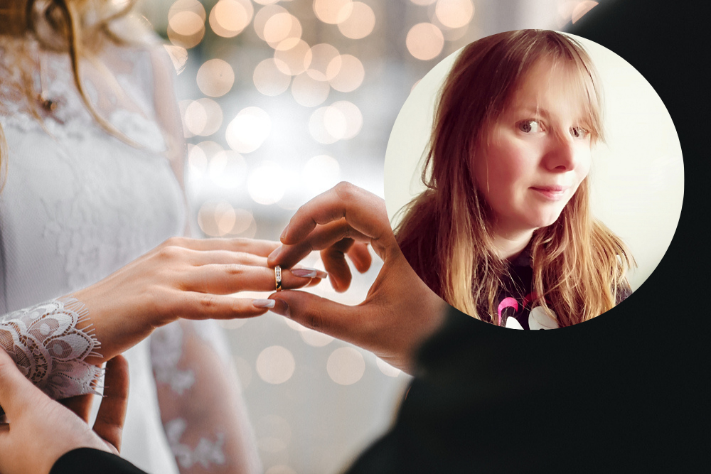 Woman inset on image of wedding.