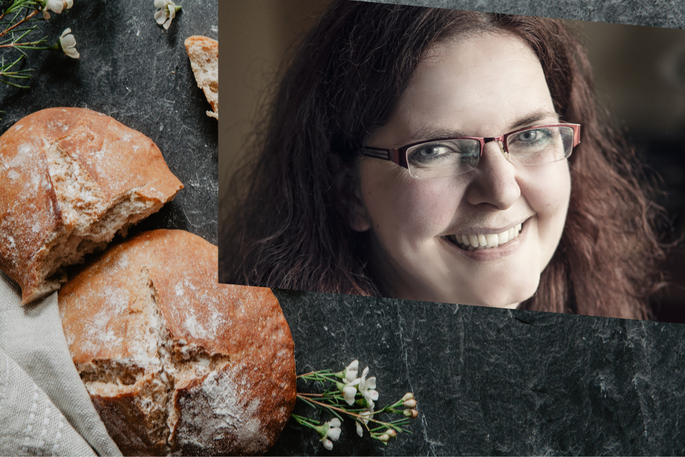 Woman inset on image of Irish bread.