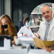 Pharmacist inset on image of a workplace.