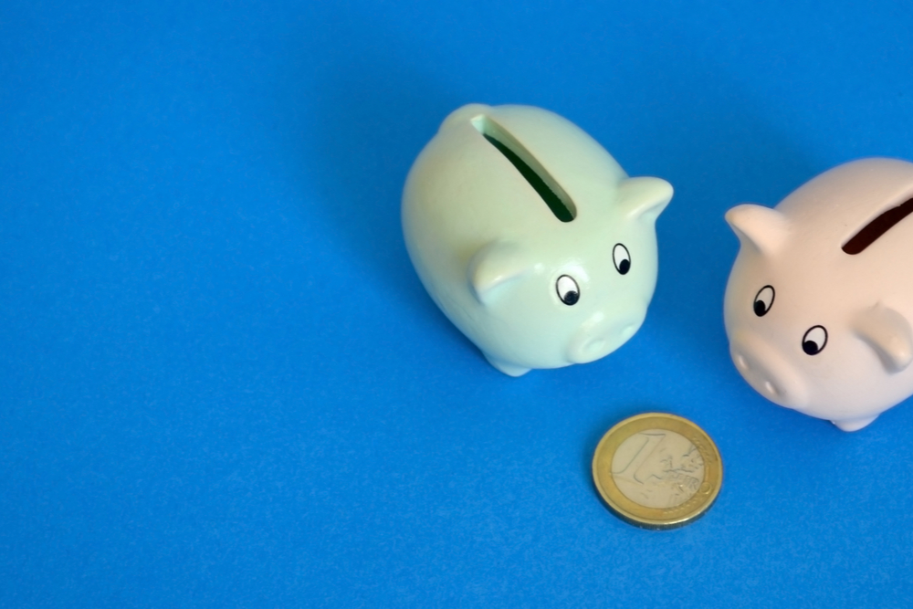 Piggy banks looking at same euro coin.