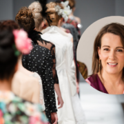 Dark-haired woman inset on image of a fashion catwalk.