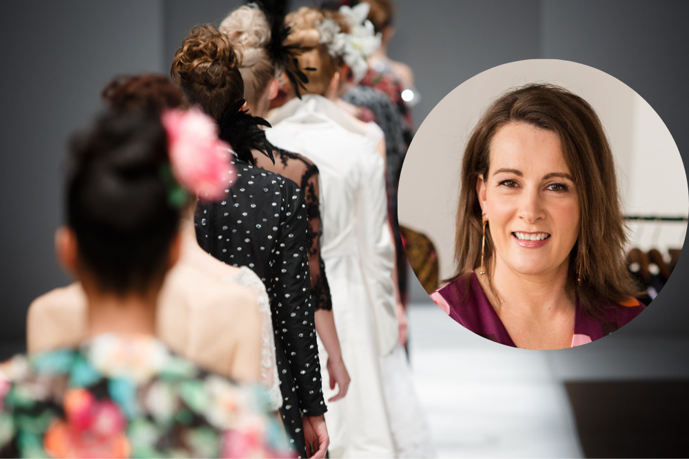 Dark-haired woman inset on image of a fashion catwalk.