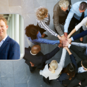 Young man inset on image of a diverse team of co-workers standing with hands together.