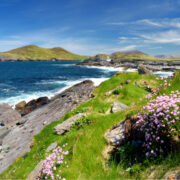 Beautiful view of Valentia Island Lighthouse at Cromwell Point. Locations worth visiting on the Wild Atlantic Way. Scenic Irish countyside on sunny summer day, County Kerry, Ireland.
