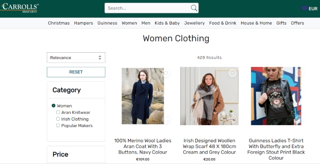 Screenshot of fashion on Carrolls website.