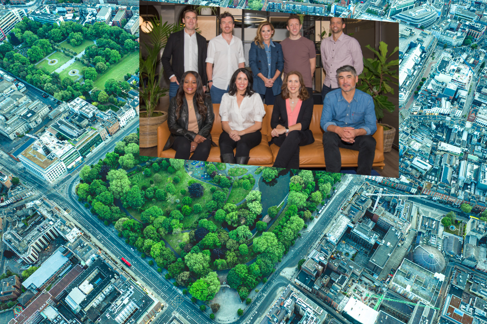 group of people in a photo inset over image of Stephen's Green.